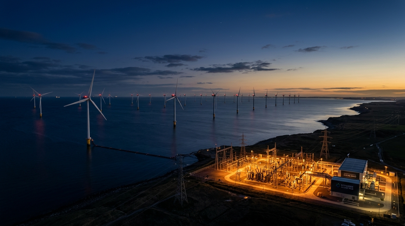 Clean energy wind turbines and power substation